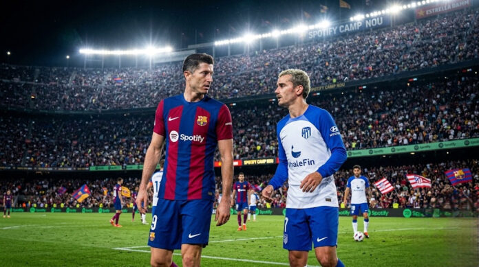 Barcelona vs Atletico Madrid players competing at Spotify Camp Nou for Copa del Rey Remontada Barcelona vs Atletico Madrid players competing at Spotify Camp Nou for Copa del Rey Remontada